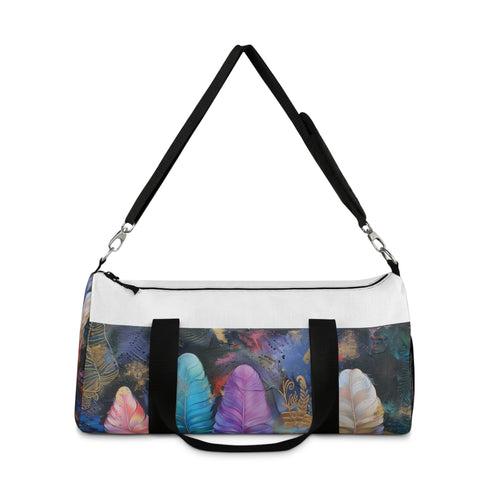 Bohemian feather duffel bag with all-over print design.