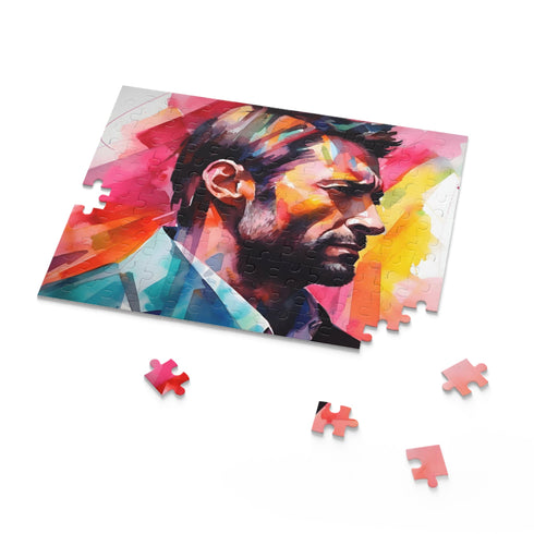 Hugh Jackman neon watercolor puzzle with 120 pcs for fans & enthusiasts.