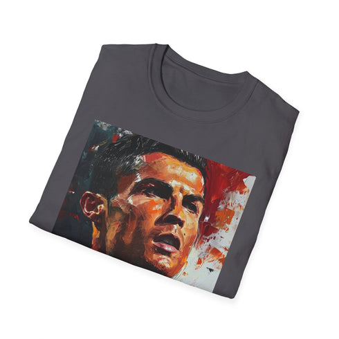 Charcoal crew neck T-shirt with vibrant watercolor Ronaldo artwork