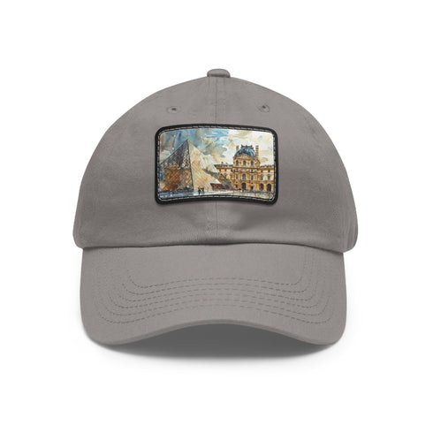Louvre Paris Watercolor Baseball Cap in White with Light Brown Patch