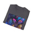 Charcoal crew neck t-shirt with vibrant neon tropical paradise design
