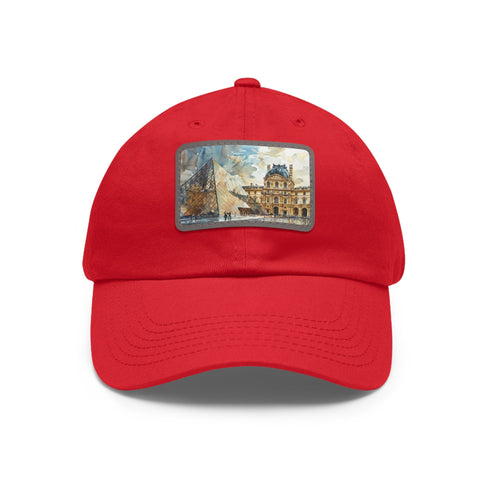 Louvre Paris Watercolor Baseball Cap in white with light brown patch.