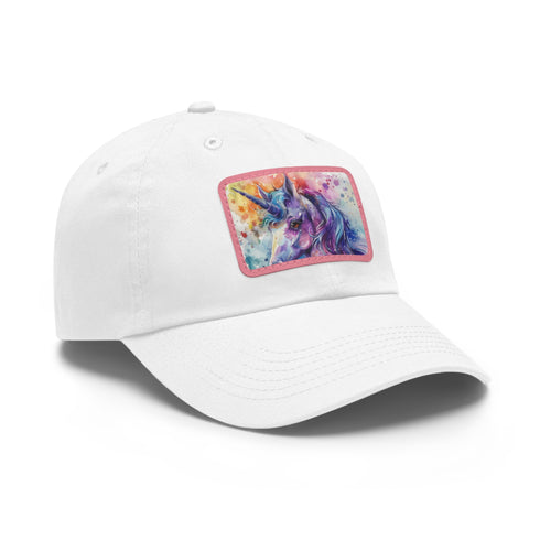 Magical watercolor unicorn baseball cap in white with light brown patch.
