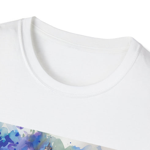 Parisian skyline watercolor Eiffel Tower T-shirt in charcoal for men.