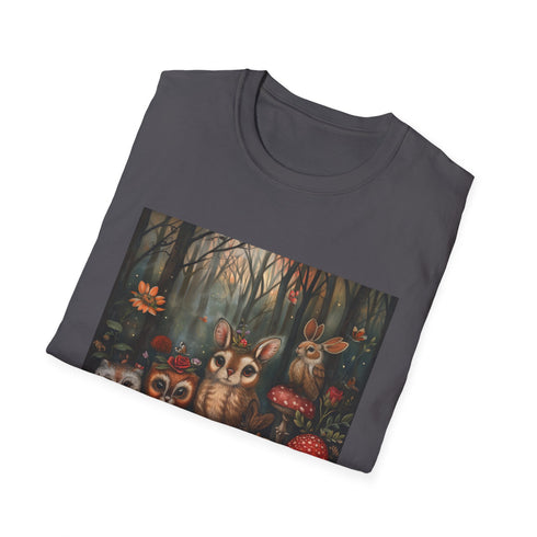 Charcoal forest-themed cotton t-shirt featuring woodland creatures in a vibrant design