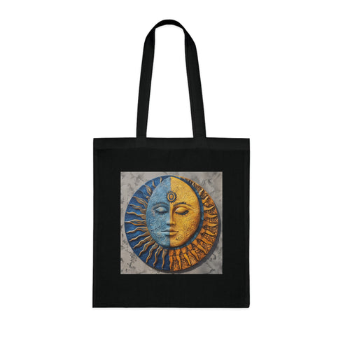 Cosmic Harmony Black Cotton Tote Bag with Mandala Sun Moon Design