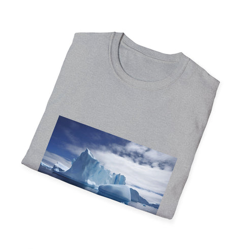 Textured charcoal T-shirt with Antarctica-inspired ice landscape graphic cotton crew neck
