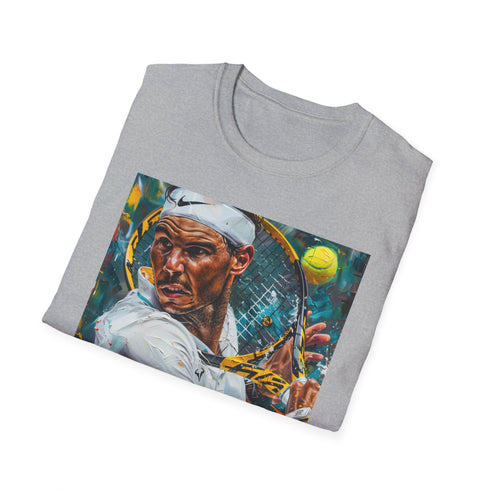 Charcoal cotton crew neck T-shirt featuring vibrant Nadal tennis painting design