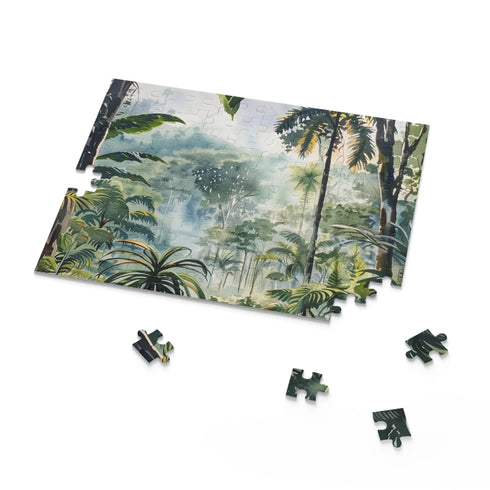 Vibrant Congo rainforest watercolor puzzle with lush greenery and exotic wildlife.