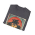 Charcoal tee with palm tree sunset print, ultra-soft cotton fit.