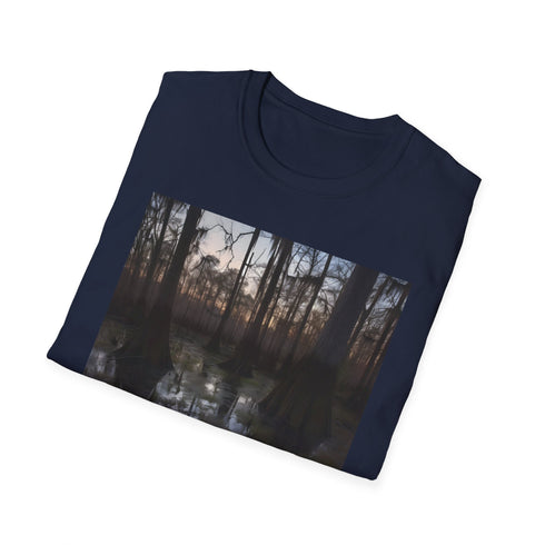 Charcoal cotton T-shirt with mystical Southern swamp design and crew neck