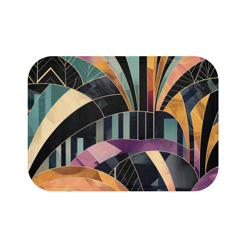 Art Deco patterned bath mat in black and gold hues.