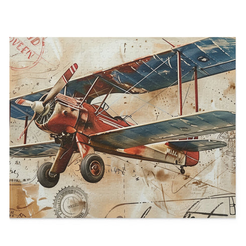 Vintage airplane jigsaw puzzle with colorful travel stamps from exotic destinations.