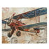 Vintage airplane jigsaw puzzle with colorful travel stamps from exotic destinations.