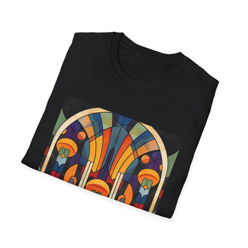 Charcoal crew neck t-shirt with vibrant abstract art deco geometric patterns