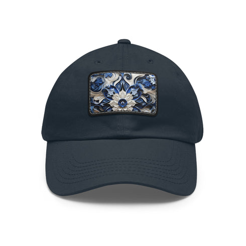 Midnight cerulean cotton baseball cap with white/light brown patch.