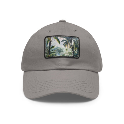 White cotton baseball hat with watercolor Congo rainforest design.