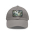 White cotton baseball hat with watercolor Congo rainforest design.