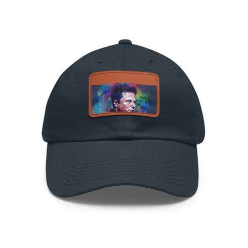 Vibrant neon Elon Musk watercolor baseball cap, white/light brown rectangle patch.