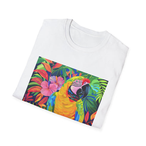 Charcoal parrot patterned cotton t-shirt with tropical summer vibes