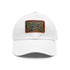 Elegant Celtic knot design baseball cap in white with light brown patch.