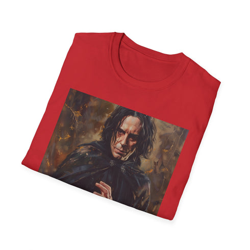 Enigmatic portrait tee in charcoal, featuring Severus Snape in vibrant colors.
