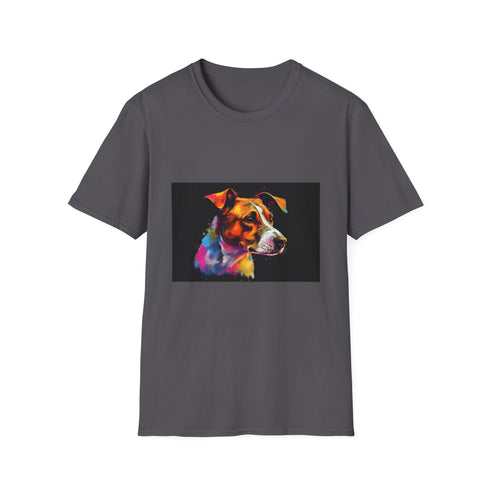 Playful Jack Russell Terrier on charcoal cotton t-shirt for summer fun.