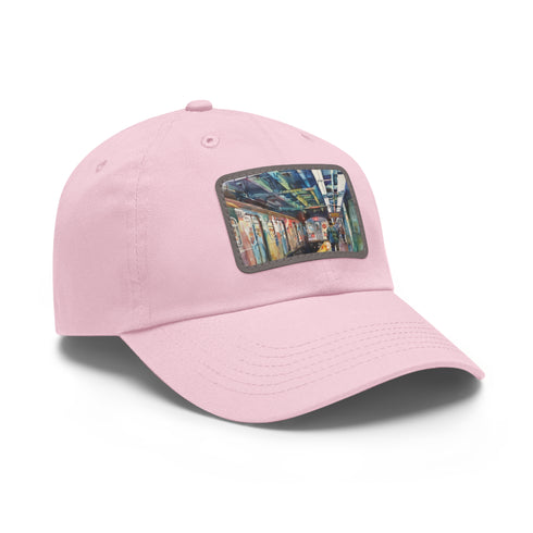 New York Subway Watercolor Snapback Cap - White, Light Brown Rectangle.