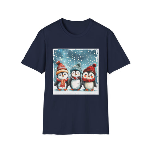 Charcoal cotton t-shirt with adorable penguins in winter hats and scarves