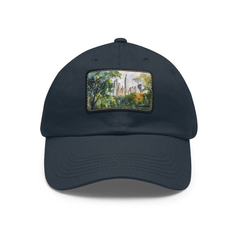 Central Park skyline watercolor baseball hat in white with brown patch.