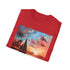 Charcoal cotton T-shirt with vibrant Boracay sunset painting for summer wear