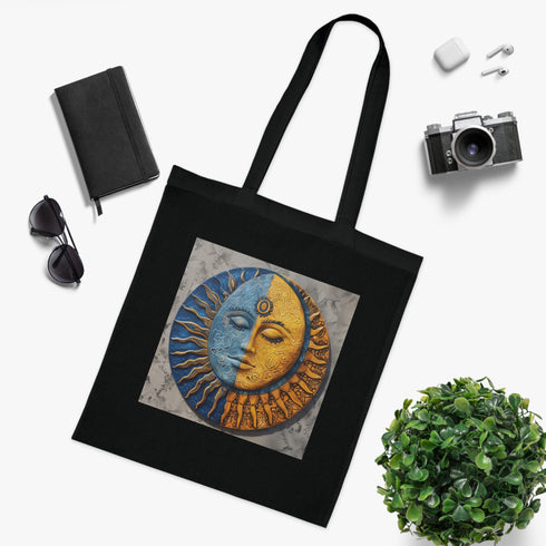 Celestial black cotton tote with sun-moon mandala pattern.
