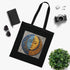 Celestial black cotton tote with sun-moon mandala pattern.
