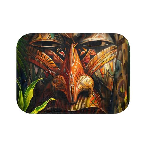 Vibrant Fijian mask design bath mat adds exotic beauty to bathroom.