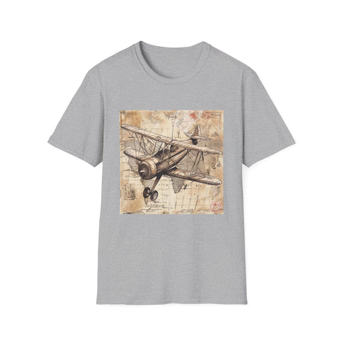 Charcoal cotton t-shirt with vintage airplane travel stamps design
