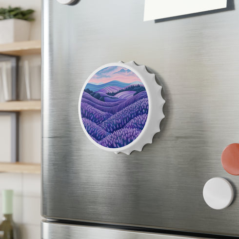 Lavender Fields Dreamy Opener white magnet with vibrant floral pattern.