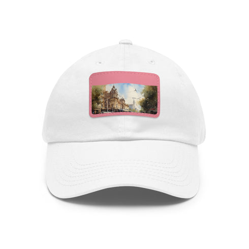 Melbourne Tram Style Baseball Cap in White with Light Brown Patch