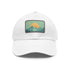 Minimalist white baseball cap with mountain landscape patch.
