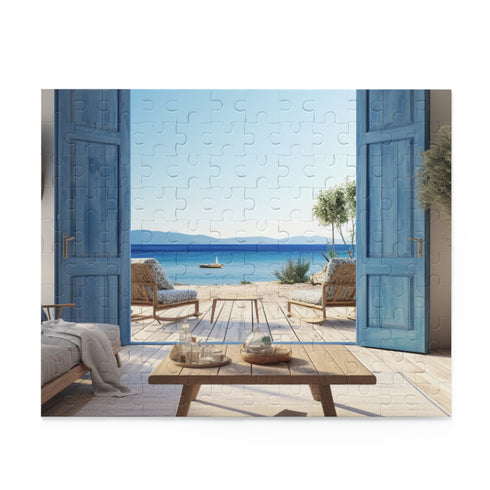 Wooden Blue Window Puzzle with Tranquil Seaside Villa Scene