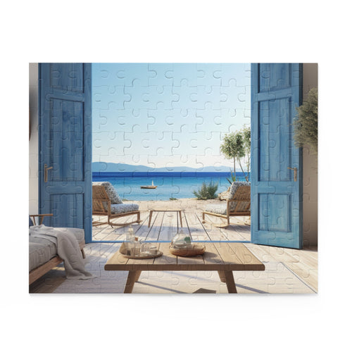 Tranquil seaside villa wood puzzle in blue window design.