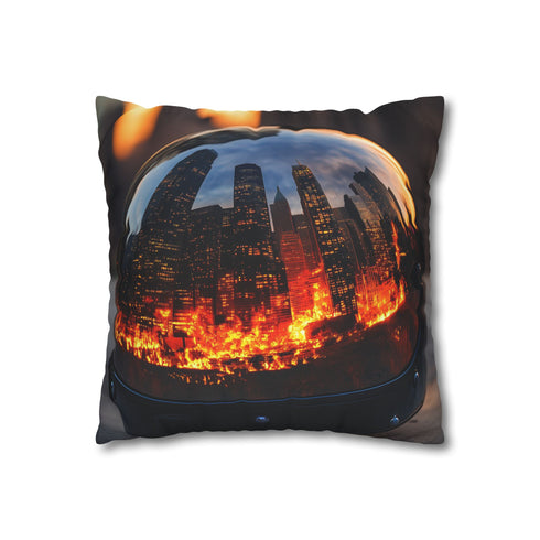 Mirror Helmet Reflecting City in Fire Double-Sided Square Cushion Cover