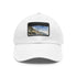 Stylish white baseball cap with coastal view embroidered patch.
