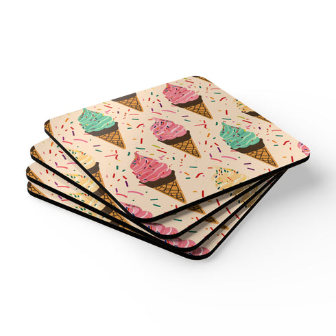 Colorful ice cream cone square corkwood coaster set for kitchen.