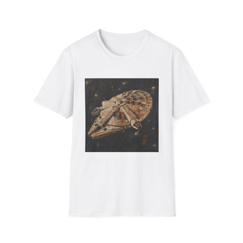 Millennium Falcon graphic on charcoal Star Wars tee for men and women.