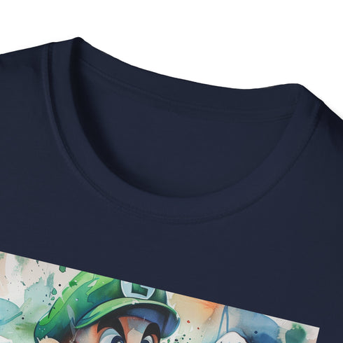 Charcoal crew neck t-shirt featuring Luigi with Poltergust in a dynamic pose