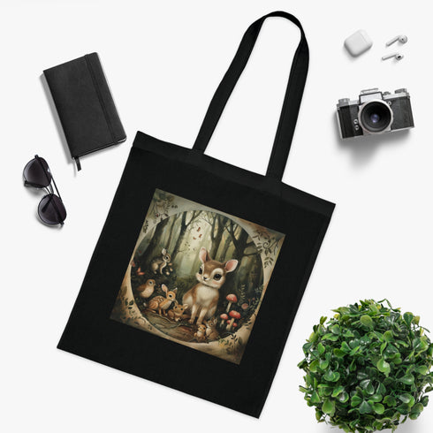 Whimsical Forest Dwellers Cotton Tote Bag in Black with Woodland Creatures