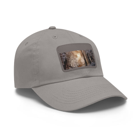 Winter forest baseball cap in white with light brown rectangle patch.