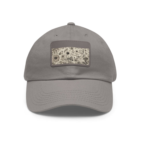Botanical pattern white baseball cap with light brown rectangle patch.