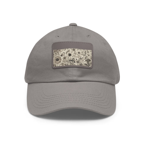Botanical patterned white baseball cap with light brown rectangular patch.