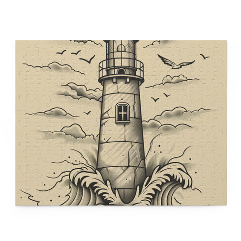 Coastal lighthouse and waves jigsaw puzzle with intricate hand-drawn details